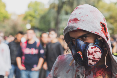 MILAN, ITALY - OCTOBER 10: People take part in the Zombie Walk, social event in the city streets just before Halloween on OCTOBER 10, 2015 in Milan.のeditorial素材