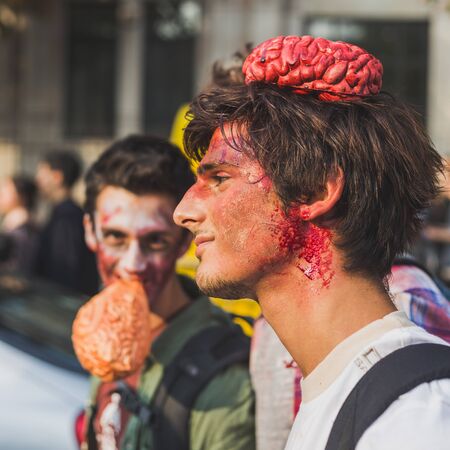 MILAN, ITALY - OCTOBER 10: People take part in the Zombie Walk, social event in the city streets just before Halloween on OCTOBER 10, 2015 in Milan.のeditorial素材