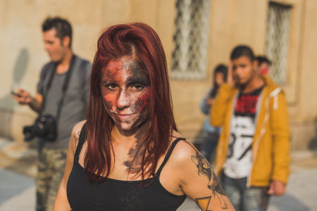 MILAN, ITALY - OCTOBER 10: People take part in the Zombie Walk, social event in the city streets...