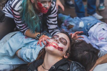 MILAN, ITALY - OCTOBER 10: People take part in the Zombie Walk, social event in the city streets...