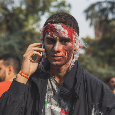 MILAN, ITALY - OCTOBER 10: People take part in the Zombie Walk, social event in the city streets just before Halloween on OCTOBER 10, 2015 in Milan.のeditorial素材