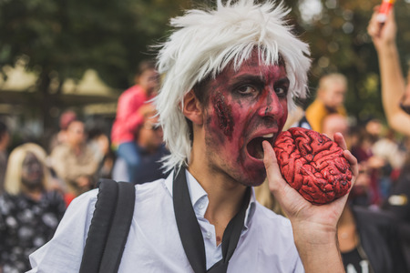 MILAN, ITALY - OCTOBER 10: People take part in the Zombie Walk, social event in the city streets just before Halloween on OCTOBER 10, 2015 in Milan.のeditorial素材