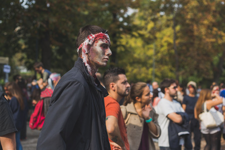 MILAN, ITALY - OCTOBER 10: People take part in the Zombie Walk, social event in the city streets just before Halloween on OCTOBER 10, 2015 in Milan.のeditorial素材