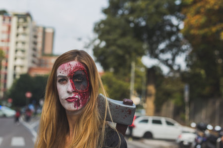 MILAN, ITALY - OCTOBER 10: People take part in the Zombie Walk, social event in the city streets...