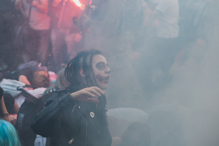 MILAN, ITALY - OCTOBER 10: People take part in the Zombie Walk, social event in the city streets just before Halloween on OCTOBER 10, 2015 in Milan.のeditorial素材