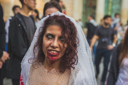 MILAN, ITALY - OCTOBER 10: People take part in the Zombie Walk, social event in the city streets just before Halloween on OCTOBER 10, 2015 in Milan.のeditorial素材