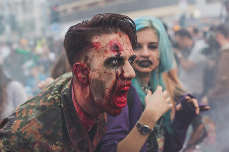 MILAN, ITALY - OCTOBER 10: People take part in the Zombie Walk, social event in the city streets...