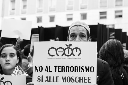 MILAN, ITALY - NOVEMBER 21: The Muslim Community demonstrates against every kind of terrorism in the name of Islamic religion on NOVEMBER 21, 2015 in Milan.のeditorial素材
