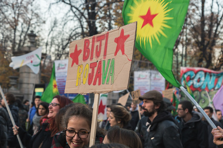 MILAN, ITALY - DECEMBER 12: Kurdish demonstrators protest against Turkish government on DECEMBER 12, 2015 in Milan.のeditorial素材