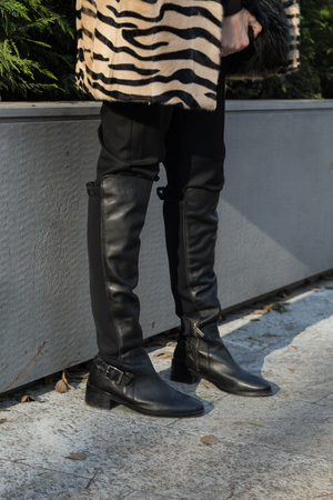 MILAN, ITALY - JANUARY 18: Detail of shoes outside Armani fashion show building for Milan Men's Fashion Week on JANUARY 18, 2016 in Milan.のeditorial素材