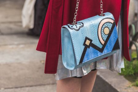 MILAN, ITALY - FEBRUARY 25: Detail of bag outside Anteprima fashion show for Milan Women's Fashion Week on FEBRUARY 25, 2016 in Milan.のeditorial素材