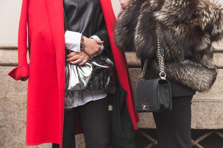 MILAN, ITALY - FEBRUARY 25: Detail of bag outside Luisa Beccaria fashion show building for Milan Women's Fashion Week on FEBRUARY 25, 2016 in Milan.のeditorial素材