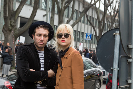MILAN, ITALY - FEBRUARY 26: People gather outside Emporio Armani fashion show during Milan Women's Fashion Week on FEBRUARY 26, 2016 in Milan.のeditorial素材