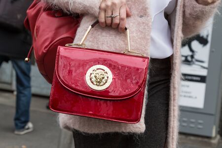 MILAN, ITALY - FEBRUARY 26: Detail of bag outside Emporio Armani fashion show during Milan Women's Fashion Week on FEBRUARY 26, 2016 in Milan.のeditorial素材