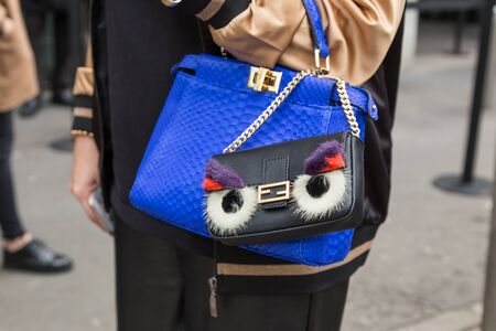 MILAN, ITALY - FEBRUARY 26: Detail of bag outside Emporio Armani fashion show during Milan Women's Fashion Week on FEBRUARY 26, 2016 in Milan.のeditorial素材