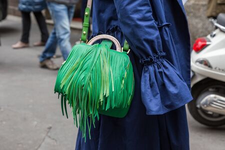MILAN, ITALY - FEBRUARY 26: Detail of bag outside Sportmax fashion show during Milan Women's Fashion Week on FEBRUARY 26, 2016 in Milan.のeditorial素材