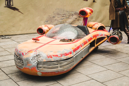 MILAN, ITALY - MARCH 5: Vehicle X-34 Landspeeder on display during the Star Wars Parade on MARCH 5, 2016 in Milan.のeditorial素材