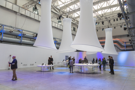 MILAN, ITALY - APRIL 13: People visit Asus pavilion at Fuorisalone, set of events distributed in different areas of the town during Milan Design Week on APRIL 13, 2016 in Milan.のeditorial素材