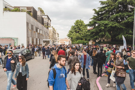 MILAN, ITALY - APRIL 16: People visit Fuorisalone, set of events distributed in different areas of...