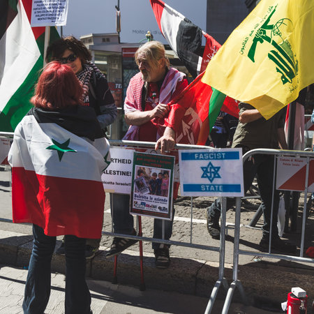 MILAN, ITALY - APRIL 25: Pro-Palestinian demonstrators contest the Jewish Brigade during the...