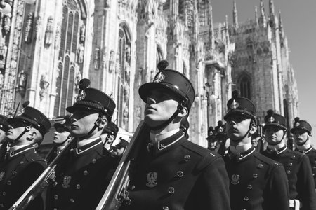 MILAN, ITALY - MARCH 19: Teulie Military School cadets take part in the traditional oath ceremony on...