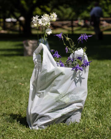 Plastic bag with beautiful flowers on the grassの写真素材
