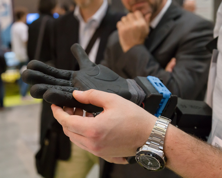 MILAN, ITALY - JUNE 7, 2016: Artificial hand on display at Technology Hub, international event for innovative and futuristic technologies serving business.のeditorial素材