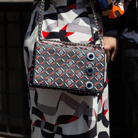 MILAN, ITALY - JUNE 18: Detail of bag outside Marni fashion show building for Milan Men's Fashion Week on JUNE 18, 2016 in Milan.のeditorial素材