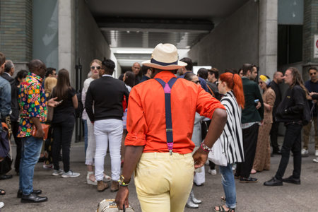 MILAN, ITALY - JUNE 18: Fashionable people gather outside Miaoran fashion show building during Milan...