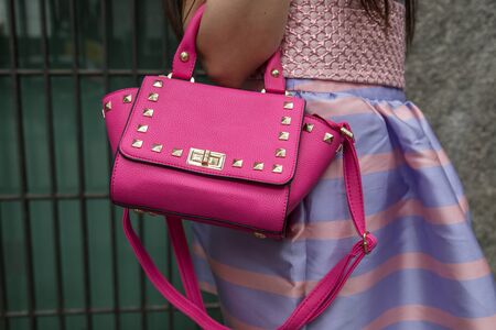 MILAN, ITALY - JUNE 18: Detail of bag outside Miaoran fashion show building during Milan Men's Fashion Week on JUNE 18, 2016 in Milan.のeditorial素材