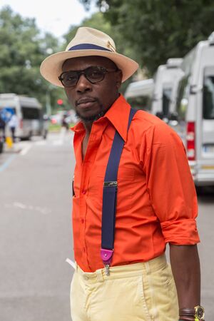 MILAN, ITALY - JUNE 18: Fashionable man poses outside Miaoran fashion show building during Milan Men's Fashion Week on JUNE 18, 2016 in Milan.のeditorial素材