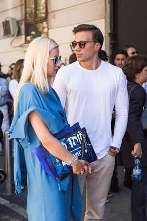 MILAN, ITALY - JUNE 20: Fashionable people gather outside Etro fashion show building during Milan Men's Fashion Week on JUNE 20, 2016 in Milan.のeditorial素材