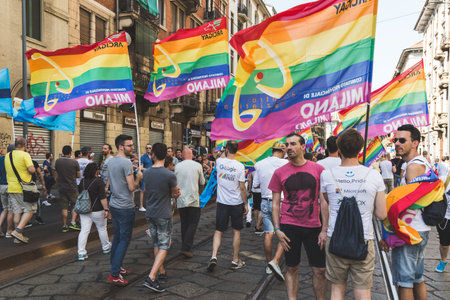 MILAN, ITALY - JUNE 25: People at Pride parade in Milan JUNE 25, 2016. Thousands of people march in...