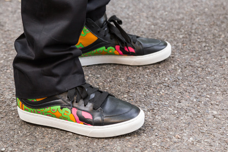 MILAN, ITALY - JUNE 21: Detail of shoes outside Armani fashion show building during Milan Men's Fashion Week on JUNE 21, 2016 in Milan.のeditorial素材