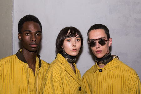 MILAN, ITALY - JUNE 19: Beautiful models pose in the backstage just before Damir Doma SS 17 show during Milan Men's Fashion Week on JUNE 19, 2016 in Milan.のeditorial素材