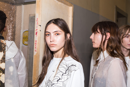 MILAN, ITALY - JUNE 19: Beautiful models pose in the backstage just before Damir Doma SS 17 show during Milan Men's Fashion Week on JUNE 19, 2016 in Milan.のeditorial素材