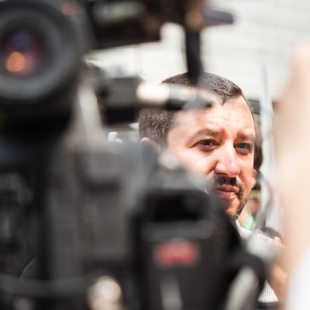 MILAN, ITALY - JULY 22, 2016: The secretary of Lega Nord party Matteo Salvini protests in front of the Turkish consulate against President Erdogan and his policy.のeditorial素材