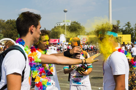 MILAN, ITALY - SEPTEMBER 3: Thousands of people take part in the Color Run event, the funniest and...