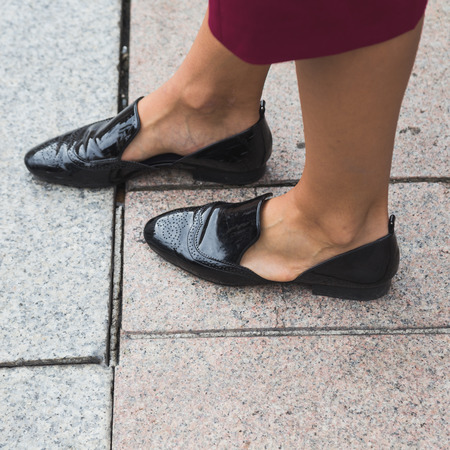 MILAN, ITALY - SEPTEMBER 22, 2016: Detail of shoes outside Genny fashion show building during Milan Women Fashion Week SS17.のeditorial素材