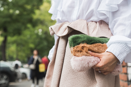 MILAN, ITALY - SEPTEMBER 22, 2016: Detail of bag outside Fendi fashion show building during Milan Women Fashion Week SS17.のeditorial素材