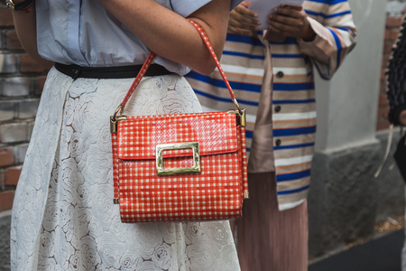 MILAN, ITALY - SEPTEMBER 22, 2016: Detail of bag outside Fendi fashion show building during Milan Women Fashion Week SS17.のeditorial素材