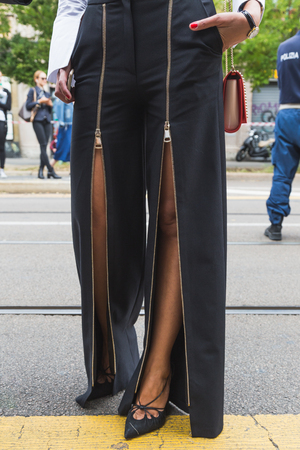 MILAN, ITALY - SEPTEMBER 22, 2016: Detail of shoes outside Fendi fashion show building during Milan Women Fashion Week SS17.のeditorial素材