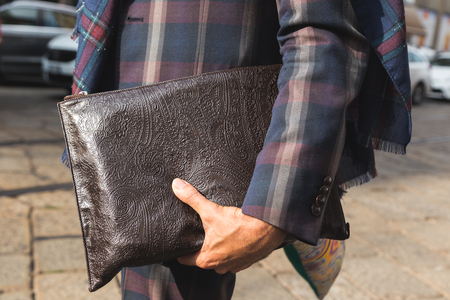 MILAN, ITALY - SEPTEMBER 23, 2016: Detail of bag outside Marco De Vincenzo fashion show building during Milan Women Fashion Week SS17.のeditorial素材