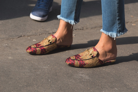 MILAN, ITALY - SEPTEMBER 23, 2016: Detail of shoes outside Marco De Vincenzo fashion show building during Milan Women Fashion Week SS17.のeditorial素材
