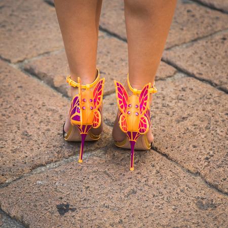 MILAN, ITALY - SEPTEMBER 25, 2016: Detail of shoes outside Ferragamo fashion show building during Milan Women Fashion Week SS17.のeditorial素材