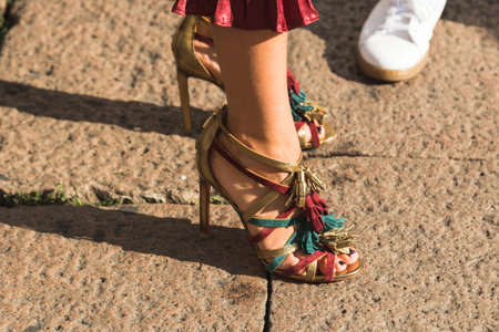 MILAN, ITALY - SEPTEMBER 25, 2016: Detail of shoes outside Ferragamo fashion show building during Milan Women Fashion Week SS17.のeditorial素材