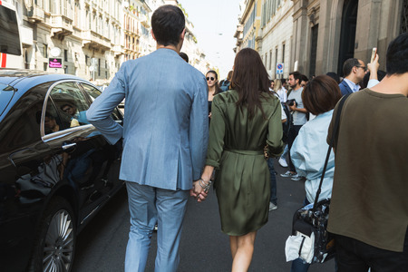 MILAN, ITALY - SEPTEMBER 24, 2016: Fashionable people outside Ermanno Scervino fashion show building during Milan Women Fashion Week SS17.のeditorial素材