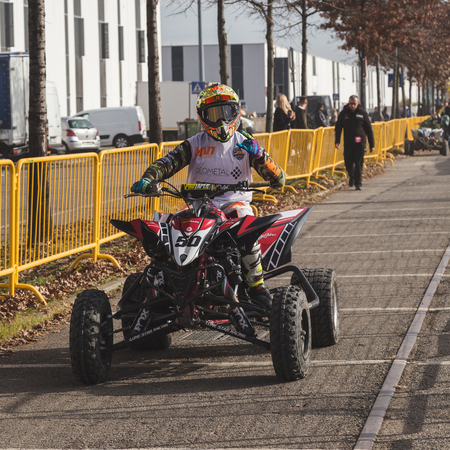 MILAN, ITALY - NOVEMBER 13: Quadbike pilots perform at EICMA, international motorcycle exhibition on NOVEMBER 13, 2016 in Milan.のeditorial素材
