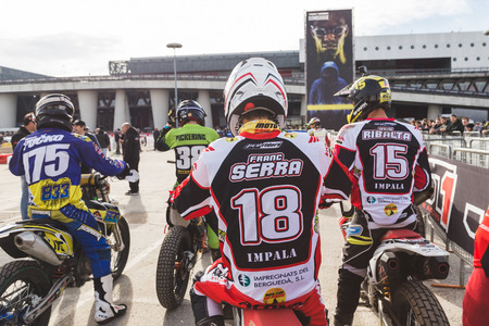 MILAN, ITALY - NOVEMBER 13: Motocross pilots perform  at EICMA, international motorcycle exhibition on NOVEMBER 13, 2016 in Milan.のeditorial素材