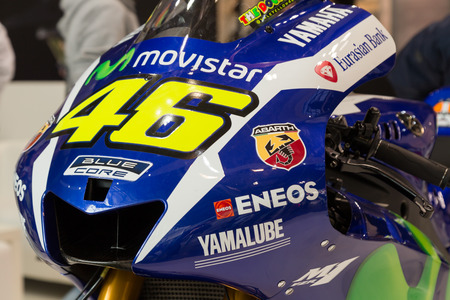 MILAN, ITALY - NOVEMBER 13: Detail of motorbike on display at EICMA, international motorcycle exhibition on NOVEMBER 13, 2016 in Milan.のeditorial素材